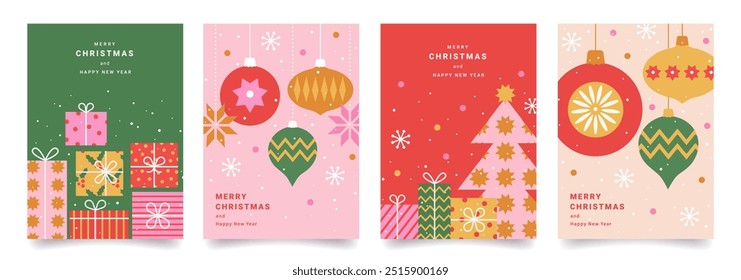 Set of Merry Christmas poster or greeting card. Trendy modern design with gifts, holly, snowflakes, branches Christmas tree decorated  balls and toys. Vector templates for banner, holiday cover.