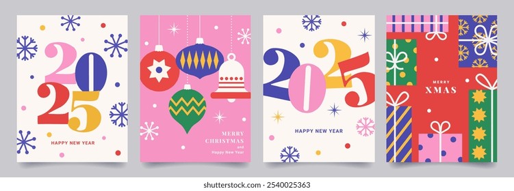 Conjunto de cartel de Navidades alegres o tarjeta de felicitación. Diseño moderno de moda con regalos, acebo, copos de nieve, ramas de árbol de Navidad decorado bolas y juguetes. Plantillas de Vector para el Anuncio, cubierta de vacaciones.