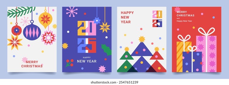 Set of Merry Christmas poster or greeting card. Trendy modern design with gifts, holly, snowflakes, branches Christmas tree decorated  balls and toys. Vector templates for banner, holiday cover.