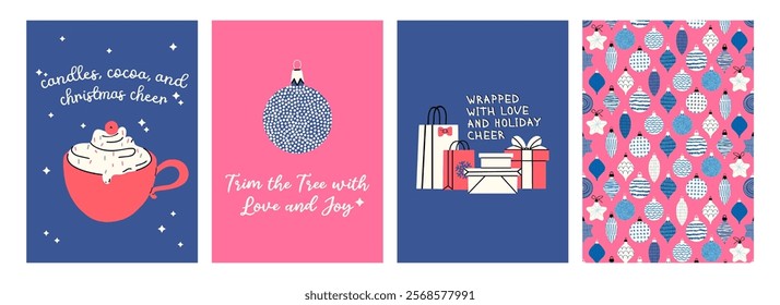 Set of Merry Christmas poster or greeting card. Trendy modern design with gifts, holly, snowflakes, branches Christmas tree decorated balls and toys. Vector templates for banner, holiday cover.
