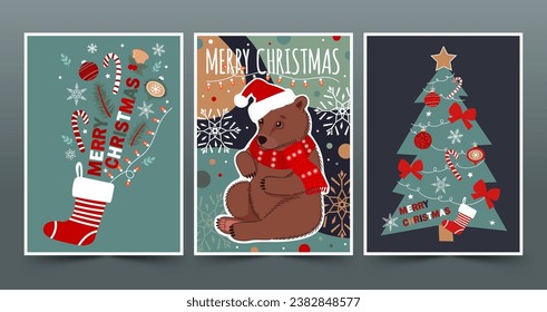 Afiches de Feliz Navidad con osos lindos y elementos de invierno. Ilustración vectorial plana en colores de moda.