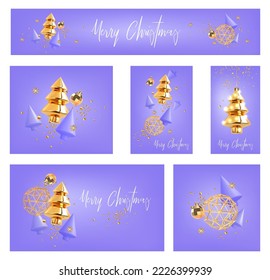 Set Merry Christmas purple vector background. 3d render decorative gold christmas tree, tinsel confetti, gold star and christmsa ball. Holiday winter decoration. Popular sizes for web
