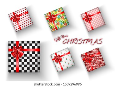 Set of Merry Christmas realistic gift box with bright wrapping, and shadow on a transparent background.  decoration elements with festive celebration for holidays.
