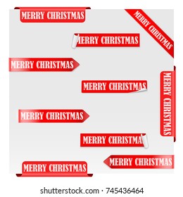 Set of Merry Christmas Red Label Ribbons. Vector illustration Isolated on white background.