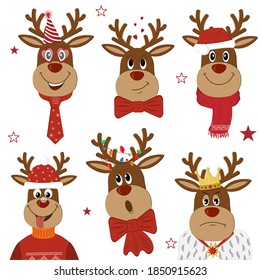 Set of merry Christmas reindeer in carnival costumes, color vector illustration of isolated reindeer on a white background, clipart, design, decoration, poster, banner, applique