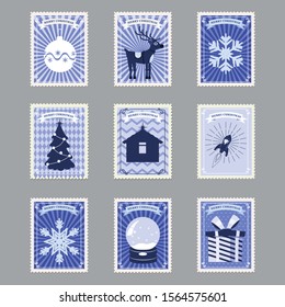Set Merry Christmas retro postage stamps with Christmas tree, gifts, deer and snowflakes. Vector illustration isolated