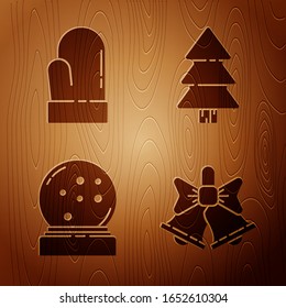 Fijen la campana de las navidades, Navidad, nieve de Navidad, nieve caída y árbol de Navidad sobre fondo de madera. Vector