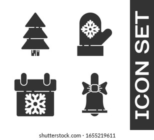 Set Merry Christmas ringing bell, Christmas tree, Calendar and Christmas mitten icon. Vector