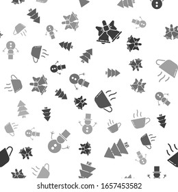 Set Merry Christmas ringing bell, Christmas tree, Coffee cup and Christmas snowman on seamless pattern. Vector