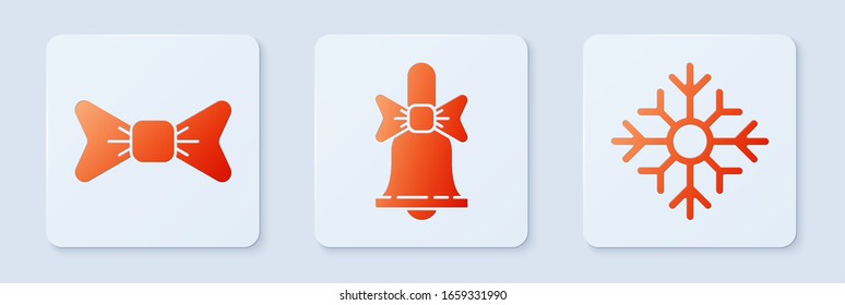 Set Merry Christmas ringing bell, Bow tie and Snowflake. White square button. Vector