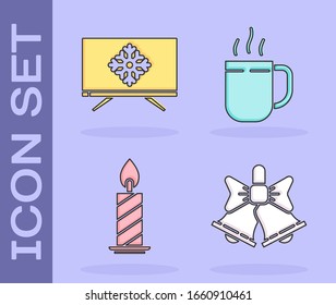 Heiße Weihnachtsklingelglocke, frohe Weihnachten im Fernsehen, brennende Kerze im Kerzenschein und eine Kaffeetasse Ikone. Vektorillustration