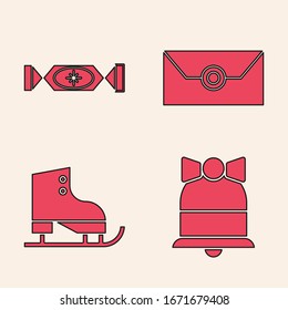 Fije la campana de la Navidad Feliz, Candy, sobre con tarjeta de invitación de fiesta de Navidad e icono de patinaje artístico. Vector