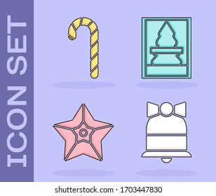 Pon la campana de la Feliz Navidad, caña de dulces navideños con rayas, estrella navideña y icono de postal navideño. Vector