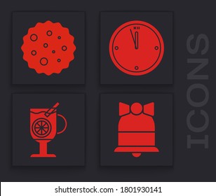 Set Merry Christmas ringing bell, Cookie or biscuit with chocolate, Clock and Mulled wine with glass of drink icon. Vector