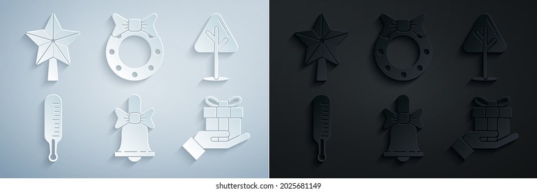 Setze frohe Weihnachtsklingelglocke, Baum, Meteorologie-Thermometer, Messung der Geschenkbox Hand, Kranz und Sternsymbol. Vektorgrafik