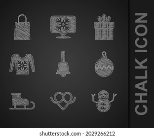 Set Merry Christmas ringing bell, Pretzel, snowman, ball, Figure skates, sweater, Gift box and shopping bag icon. Vector