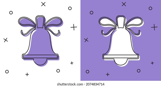 Setze frohe Weihnachtsklingelsymbol einzeln auf weißem und violettem Hintergrund. Erinnerungssymbol, Dienstglocke, Handzeichen, Benachrichtigung.  Vektorgrafik