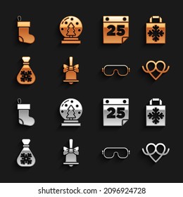Set Merry Christmas ringing bell, shopping bag, Pretzel, Ski goggles, Santa Claus gift, Calendar, stocking and snow globe icon. Vector