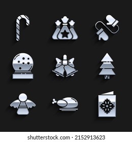 Set Merry Christmas ringing bell, Roasted turkey or chicken, postcard, tree, angel, snow globe with fallen snow, Pair of knitted christmas mittens and candy cane stripes icon. Vector