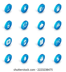 Set Merry Christmas ringing bell, Gift box, Champagne bottle, Snowflake, lights, Cake and covered with tray icon. Vector