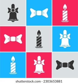 Set Merry Christmas ringing bell, Bow tie and Burning candle in candlestick icon. Vector