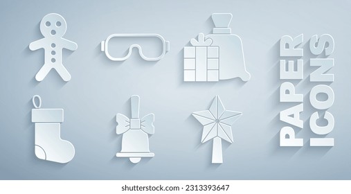Set Merry Christmas ringing bell, Santa Claus bag gift, stocking, star, Ski goggles and Holiday gingerbread man cookie icon. Vector