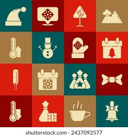Set Merry Christmas ringing bell, Bow tie, Calendar, tree, snowman, Meteorology thermometer measuring, Santa Claus hat and mitten icon. Vector