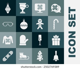 Set Merry Christmas ringing bell, Gift box, candy cane, Snowflake speech bubble, ball, Ski goggles,  and Holiday gingerbread man cookie icon. Vector