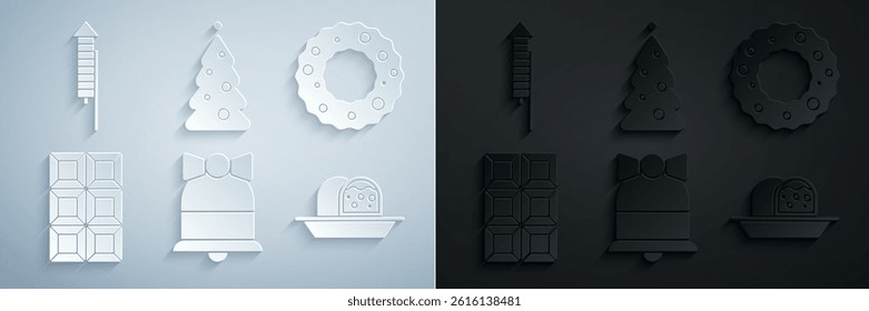Set Merry Christmas ringing bell, wreath, Chocolate bar, Marzipan sponge cake, tree with decorations and Firework rocket icon. Vector