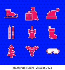 Set Merry Christmas ringing bell, Branch viburnum, Ski goggles, stocking, tree, and sticks, Santa Claus hat and Figure skates icon. Vector