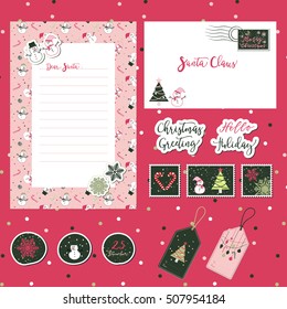 A set of Merry Christmas Santa cute letter, envelope templates and stickers with text, snowman, tree, snowflakes in green, pink, with pink background for Christmas gift, scrapbook. 