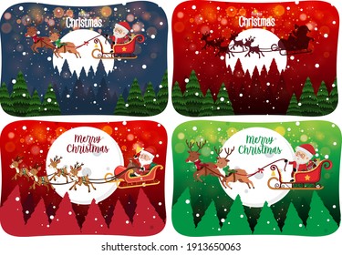 Set of Merry Christmas scene with Santa Claus in snow illustration