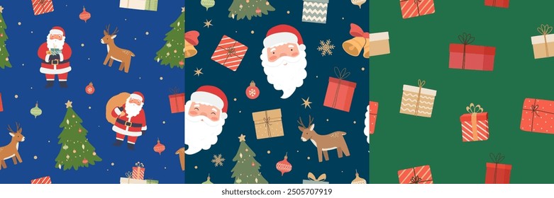 Set of Merry Christmas seamless pattern with Santa Claus, Xmas tree, giftboxes, deer. Happy New Year background. Vector illustration.