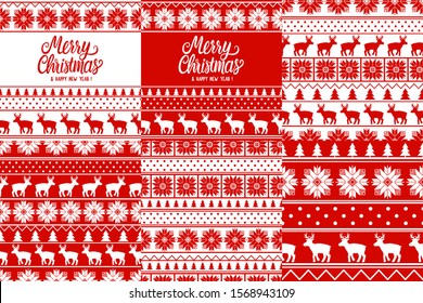 Set Merry Christmas seamless patterns. Lettering inscription on ornamental card. Winter nordic sweater texture Silhouette deer illustration. Collection Vector stock holiday design white red background