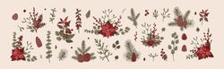 Set Von Frohe Weihnachten Und Glücklichen Neujahr Blumendekoration. Weihnachtsbaumzweige, Mistelen, Poinsettienblume, Eukalyptus Im Skizzenstil. Design Für Grußkarten, Zertifikate, Einladung