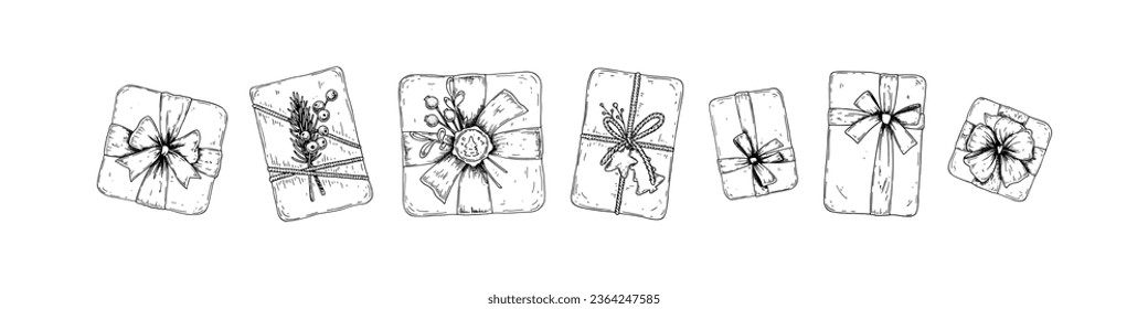 Set of Merry Christmas snd Happy New Year gift boxes. Birthday, wedding, anniversary, special occasion present decoration. Vector illustration in sketch style