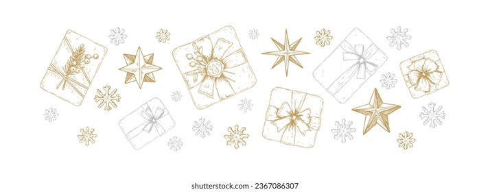Set of Merry Christmas snd Happy New Year gift boxes. Birthday, wedding, anniversary, special occasion present decoration. Vector illustration in sketch style