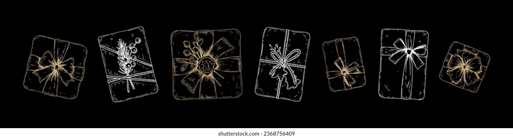 Set of Merry Christmas snd Happy New Year gift boxes. Birthday, wedding, anniversary, special occasion present decoration. Vector illustration in sketch style