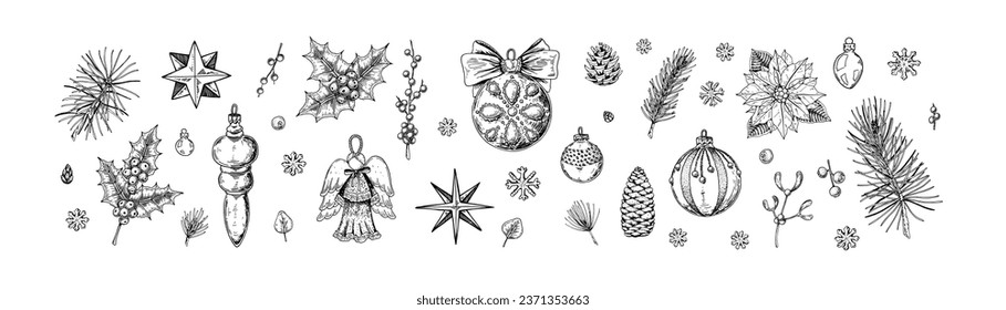 Decoración de Feliz Navidad y Feliz Año Nuevo. Ramas de árbol de Navidad, mistletoe, flor de poinsettia, bolas, figura de ángel, estrellas en estilo de sketch. Diseño para tarjetas de felicitación, certificados