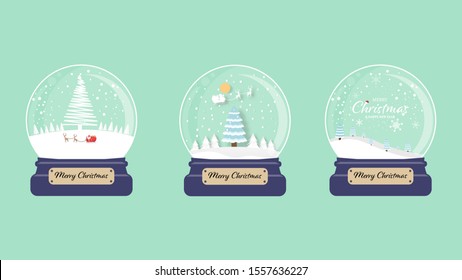 Set Of Merry Christmas Snow Globe Collection Green Background. Vector Illustration.