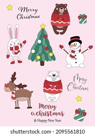 Set of merry christmas stickers. Christmas stickers collection on pink background. Cute colorful ellements, animals, Christmas tree, snowman, deer