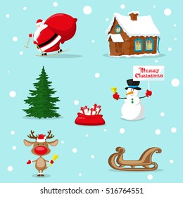 Set of Merry Christmas symbols.  Cartoon style vector