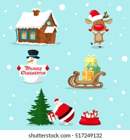 Set of Merry Christmas symbols. Santa Claus, snowman, deer, christmas tree, red bag, gifts box, house, sleigh. Design elements for decoration banner, poster, flyer, greeting card. Cartoon style vector