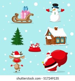 Set of Merry Christmas symbols. Santa Claus, snowman, deer, christmas tree, red bag, gifts box, house, sleigh. Design elements for decoration banner, poster, flyer, greeting card. Cartoon style vector