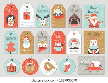 Set of merry christmas tags and cards with hand drawing elements. Vector illustrations