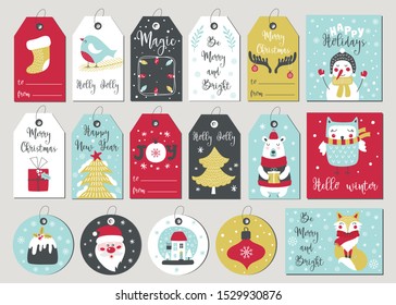 Set of merry christmas tags and cards with hand drawing elements. Vector illustrations