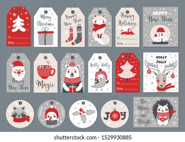 Set of merry christmas tags and cards with hand drawing elements. Vector illustrations