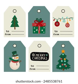 Set of Merry Christmas tags, icons and cards with hand drawn elements. Vector illustration