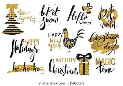 Set of Merry Christmas text, hand drawn lettering and Happy New Year typography design. For cards, invitations, posters, flyers, logos, emblems