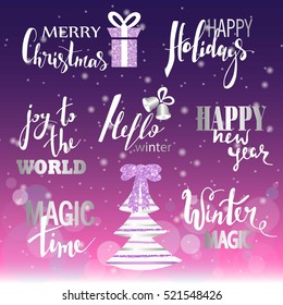 Set of Merry Christmas text, hand drawn lettering and Happy New Year typography design. For cards, invitations, posters, flyers, logos, emblems.